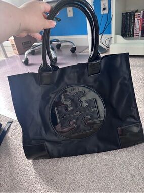 Tory Burch Black Nylon Tote with Patent Logo